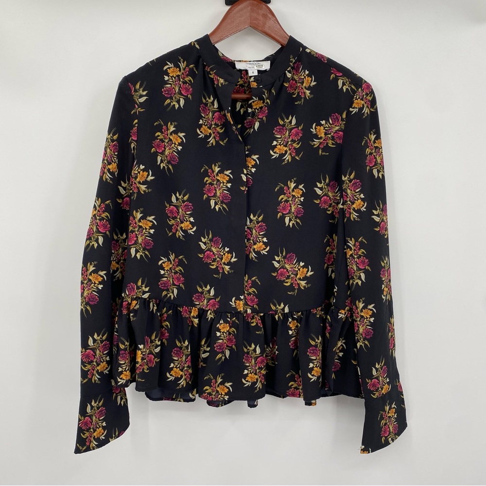 Thakoon‎ Collective Blouse Womens 6 Black Floral Button Front Ruffle Peplum Top